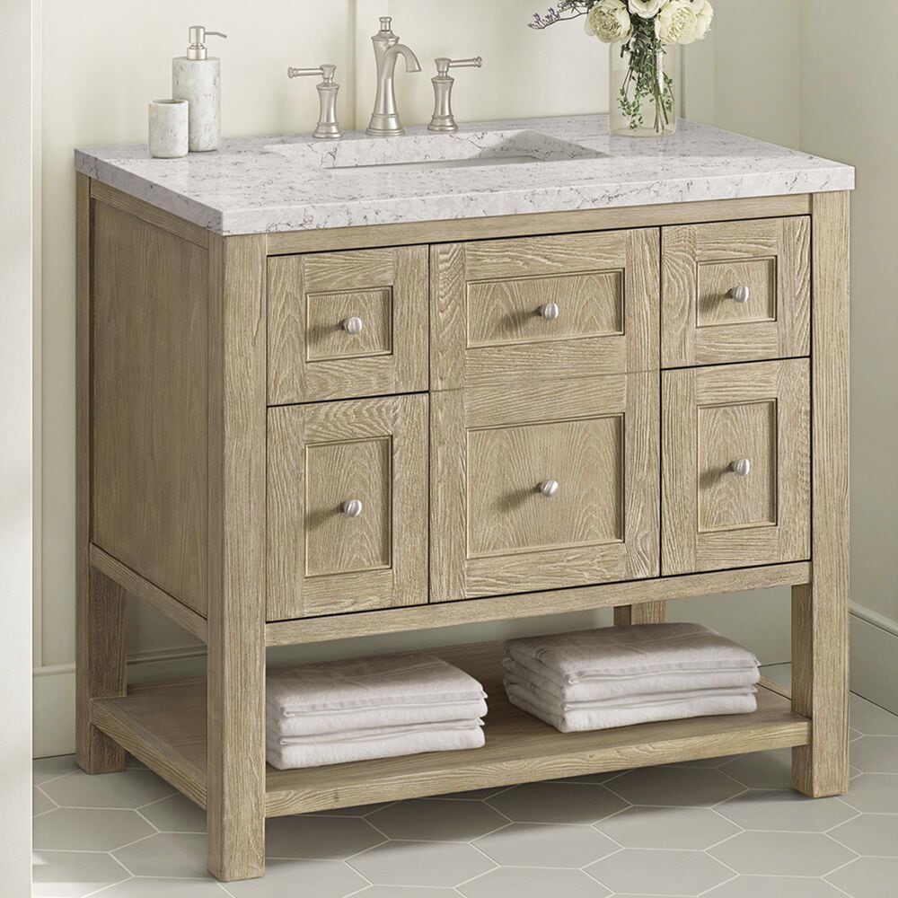 James Martin Vanities Breckenridge 36&quot; Single Vanity in Whitewashed Oak with 3 cm Eternal Jasmine Pearl Quartz Top, , large