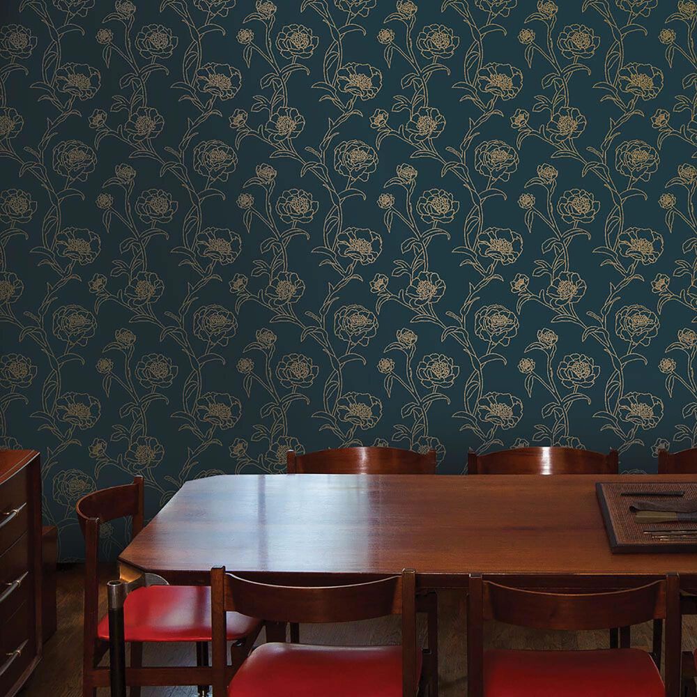 Tempaper 56 sq. ft. Peonies Peacock Blue & Metallic Gold Peel and Stick Wallpaper, , large