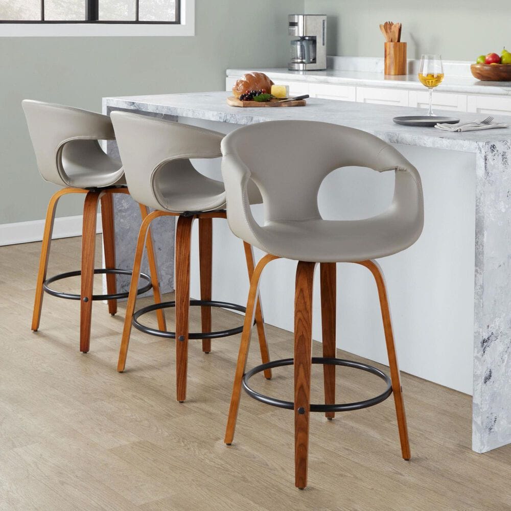 LumiSource Curva 26" Swivel Counter Stool with Light Grey Upholstery in Walnut and Black (Set of 2), , large