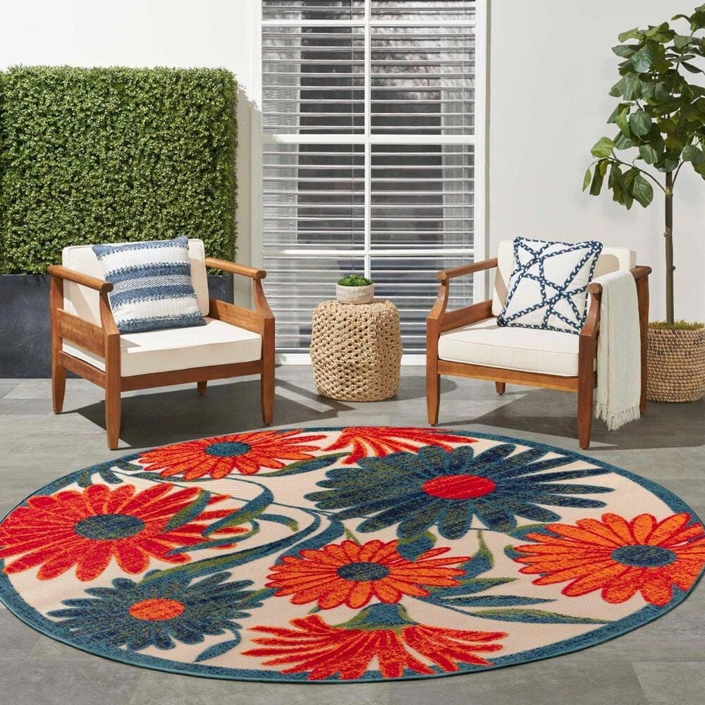 Nourison Aloha ALH33 5&#39;3&quot; Round Ivory and Multicolor Indoor/Outdoor Area Rug, , large