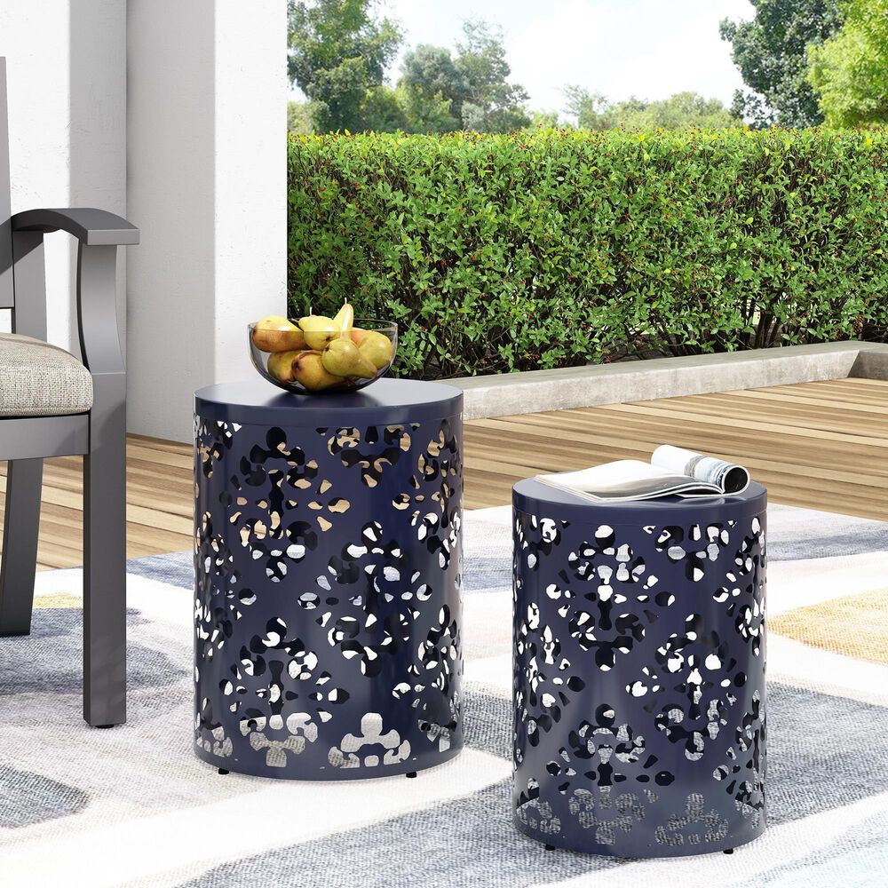 Hearth and Haven Outdoor Side Table with Floral Pattern in Navy Blue (Set of 2), , large