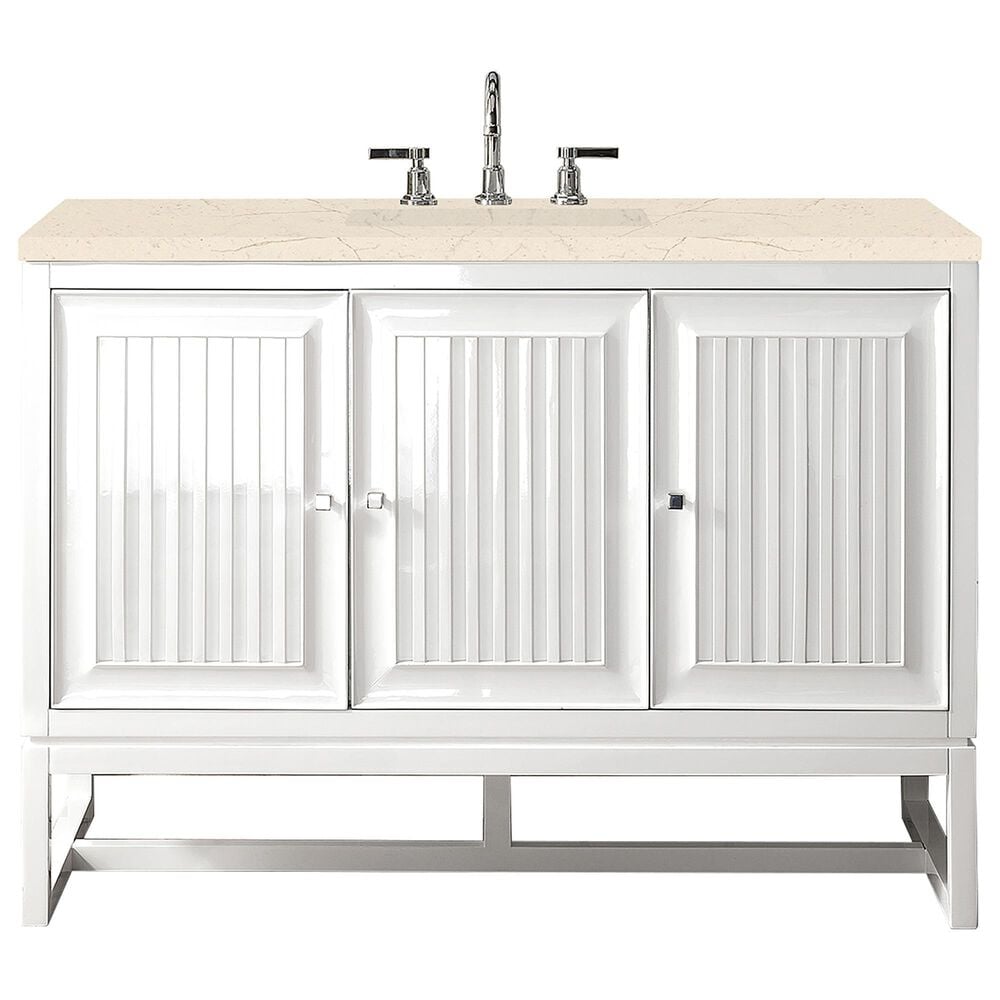 James Martin Vanities Athens 48" Single Bathroom Vanity in Glossy White with 3 cm Eternal Marfil Quartz Top and Rectangular Sink, , large