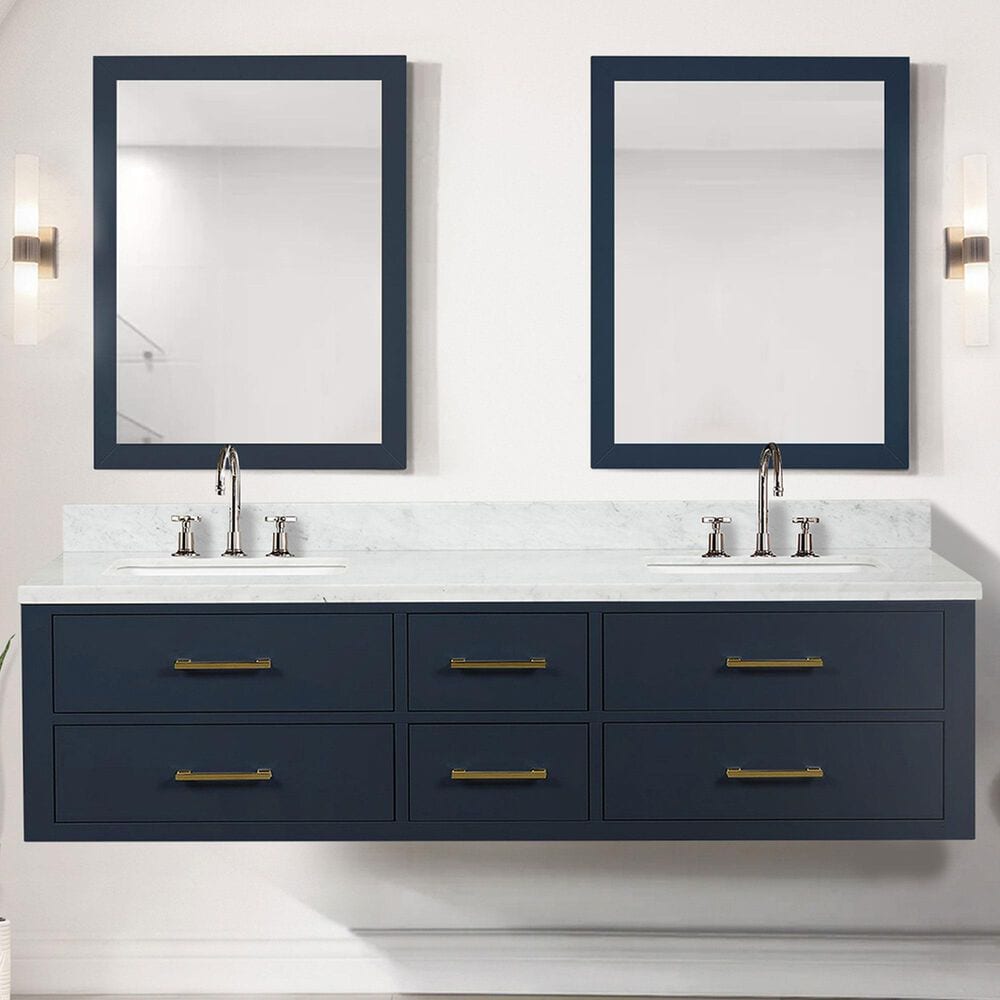 Lexora Home Castor 72&quot; Double Bathroom Vanity in Blue with 2 cm White Carrara Marble Top, Rectangular Sinks and 34&quot; Mirrors, , large