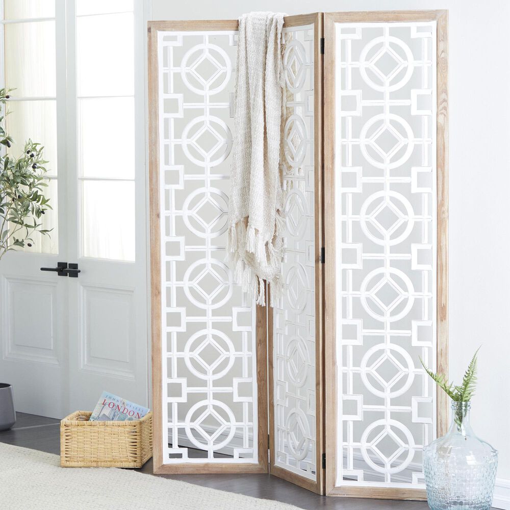 Maple and Jade 3-Panel Partition Room Divider Screen with Carved Designs in Matte White and Brown, , large