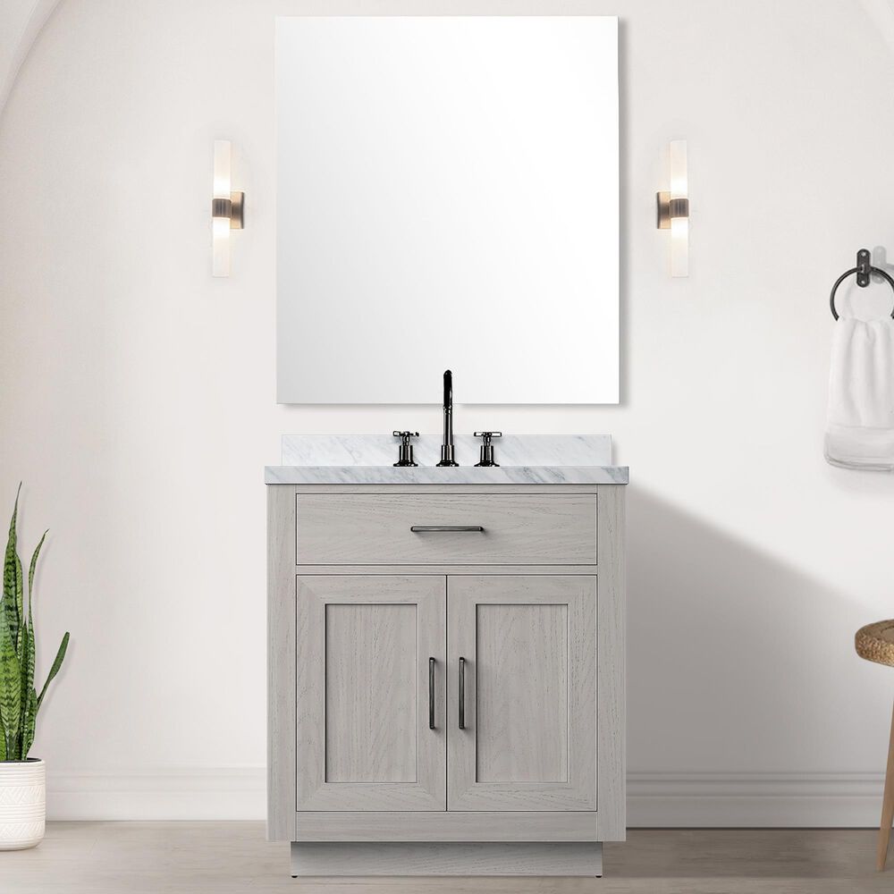 Lexora Home Abbey 30&quot; Single Bathroom Vanity in White Oak with 2 cm White Carrara Marble Top, Rectangular Sink and 28&quot; Mirror, , large
