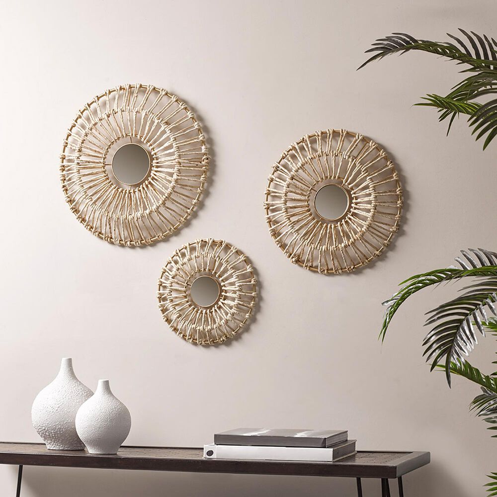 Hearth and Haven 20.5" x 20.5" Round Metal Frame and Mirror Wall Decor in Natural (Set of 3), , large