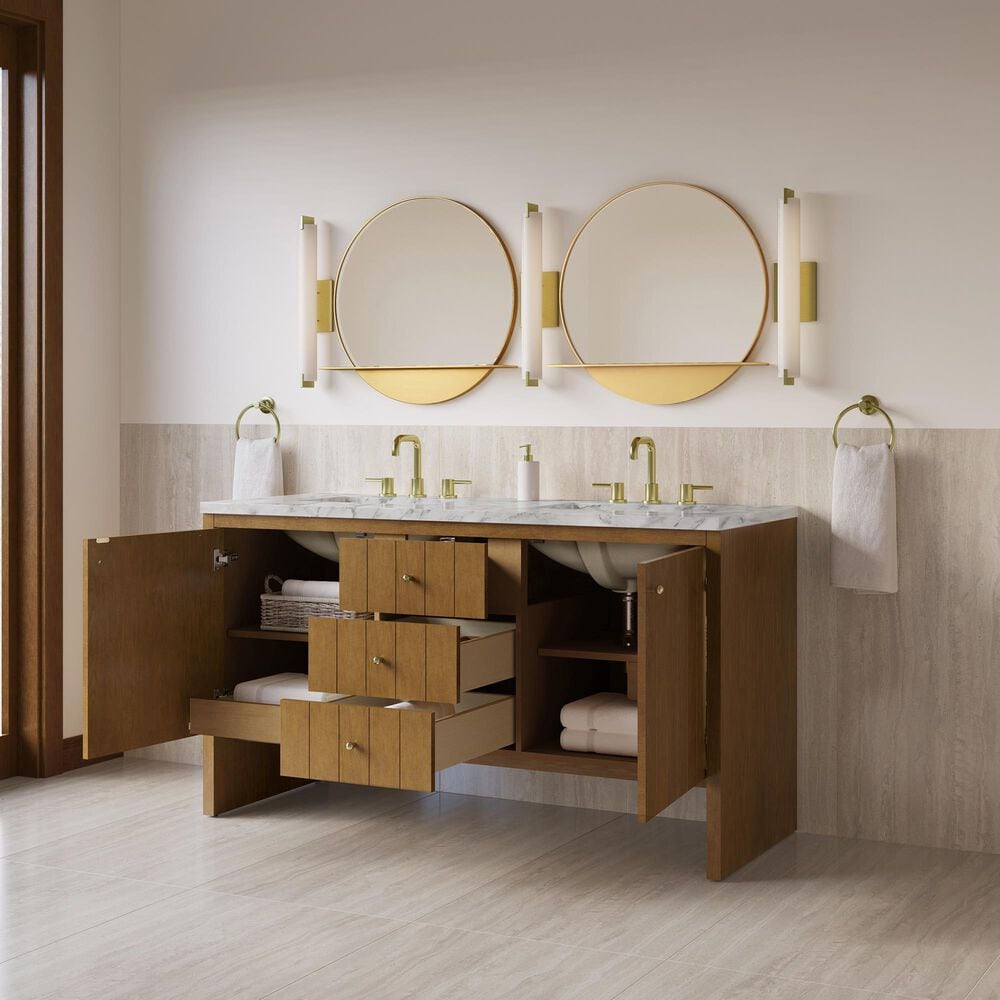 James Martin Hudson 60" Double Bathroom Vanity in Honey Oak with 3 cm Carrara Marble Top and Rectangular Sinks, , large