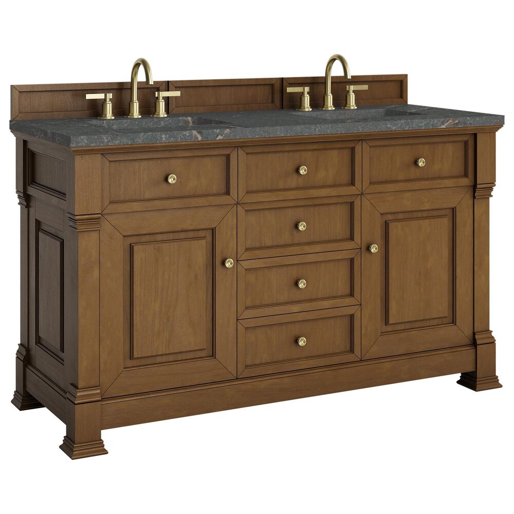 James Martin Vanities Brookfield 60" Double Bathroom Vanity in Honey Oak with 3 cm Parisien Bleu Quartz Top and Rectangular Sinks, , large