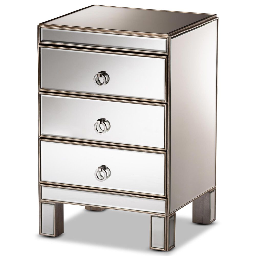 Baxton Studio Ewan 3 Drawer Nightstand in Mirror/Silver, , large