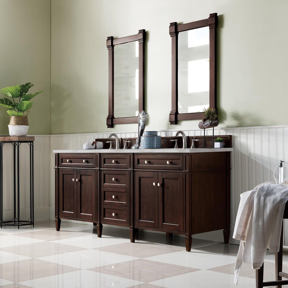 James Martin Vanities Brittany 72&quot; Double Bathroom Vanity in Burnished Mahogany with 3 cm Victorian Silver Quartz Top and Rectangular Sinks, , large