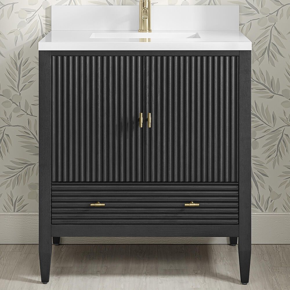 James Martin Myrrin 30" Single Bathroom Vanity in Carbon Oak with Single Hole 3 cm White Zeus Silestone Top and Rectangular Sink, , large