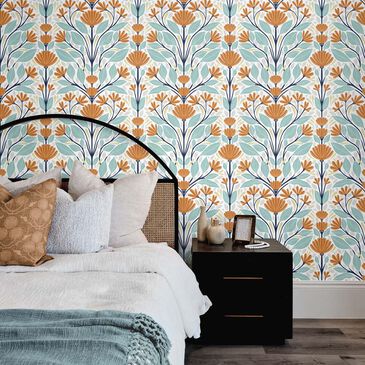 NextWall Folk Floral 216" x 20.5" Peel and Stick Wallpaper in Verdigris and Orange, , large