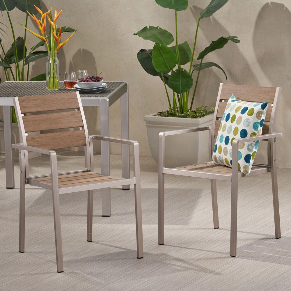 Hearth and Haven Outdoor Dining Chair with Faux Wood Seat in Natural and Silver &#40;Set of 2&#41;, , large