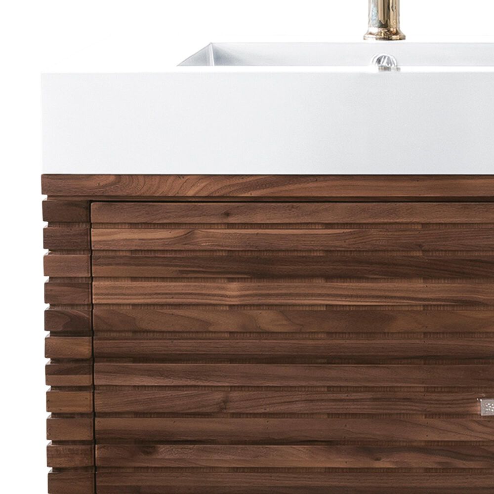 James Martin Vanities Linear 59&quot; Double Bathroom Vanity in Mid Century Walnut with 15 cm Glossy White Solid Surface Top and Rectangular Sinks, , large