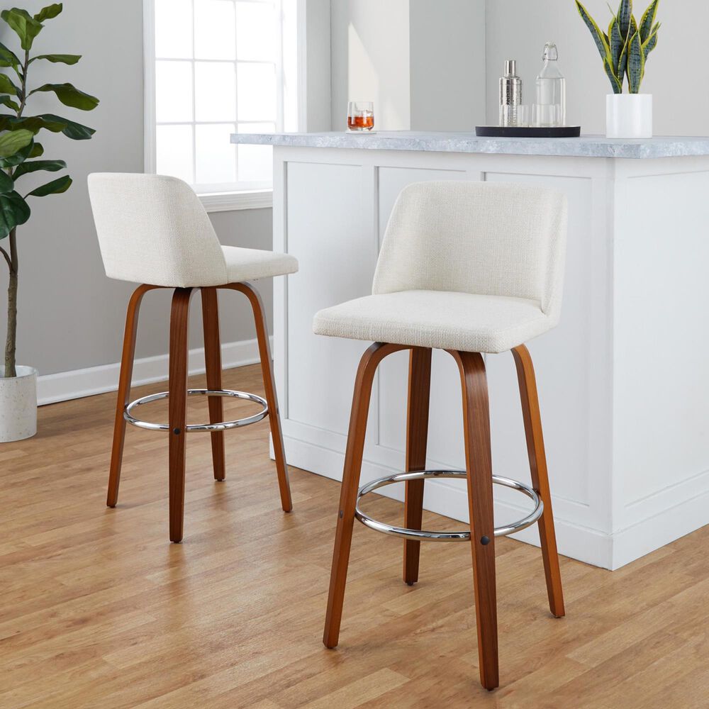 LumiSource Toriano Swivel Bar Stool with Cream Noise Fabric Upholstery in Walnut and Chrome (Set of 2), , large