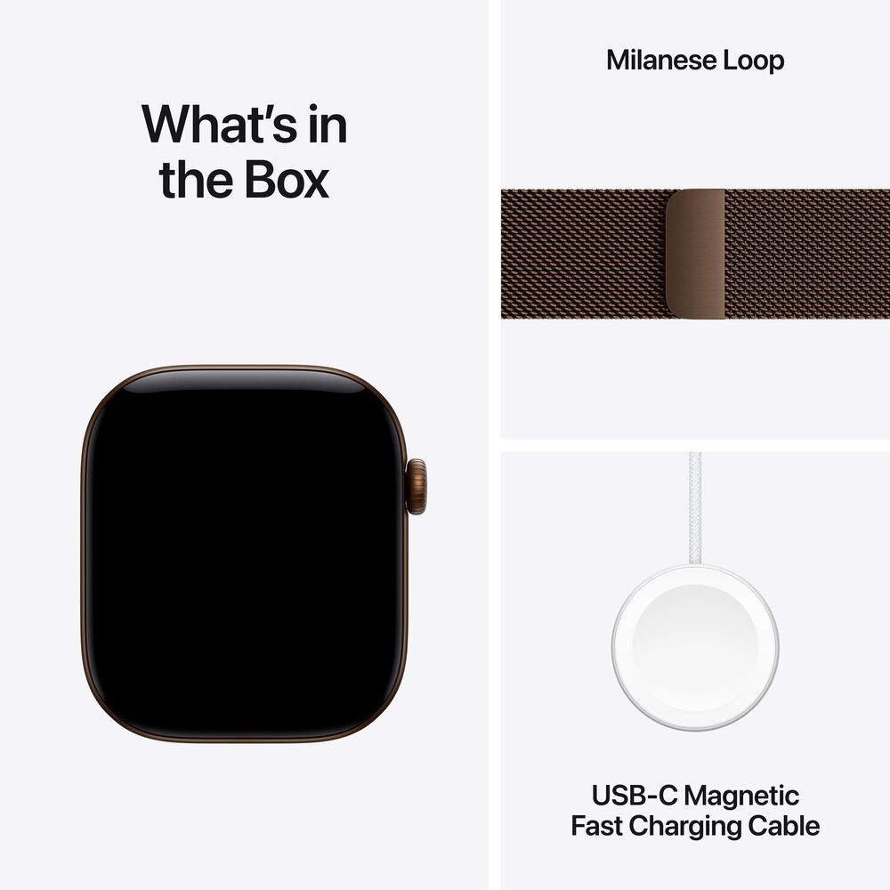 Apple Watch Series 12 (GPS) 46mm Dark Bronze Aluminum Case with Dark Bronze Milanese Loop - M/L and 2-Year AppleCare+, , large