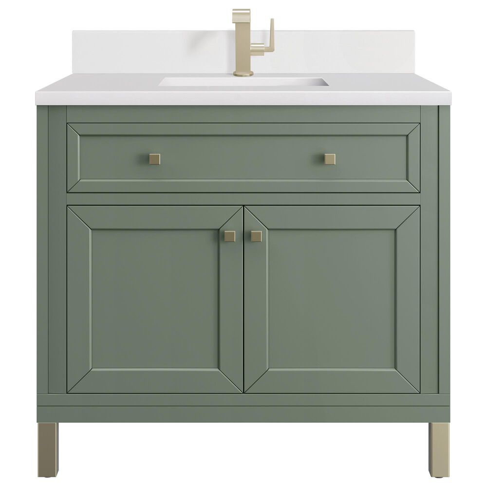James Martin Vanities Chicago 36" Single Bathroom Vanity in Smokey Celadon with Single Hole 3 cm White Zeus Quartz Top and Rectangular Sink, , large