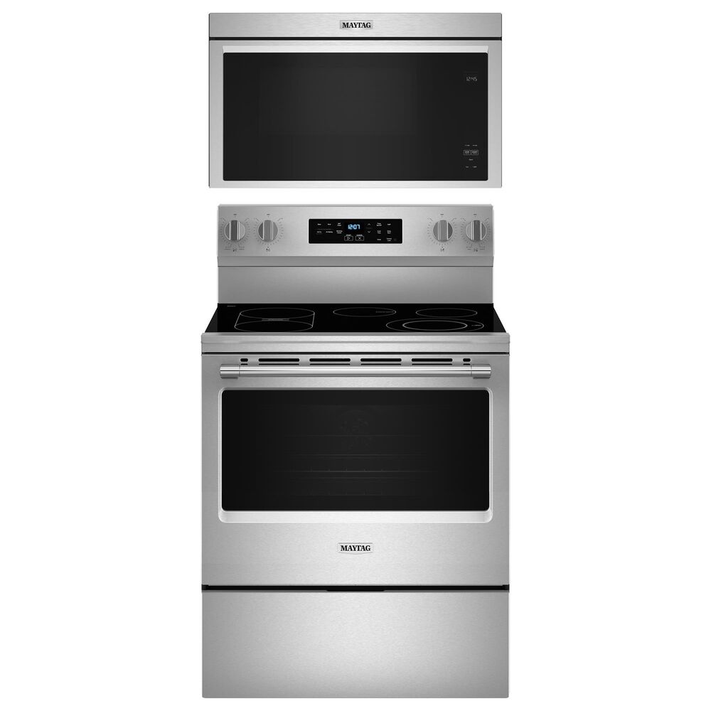 Maytag 2-Piece Kitchen Package with 1.1 Cu. Ft. Over-the-Range Flush Microwave and 5.3 Cu. Ft. Electric Range in Fingerprint Resistant Stainless Steel, , large