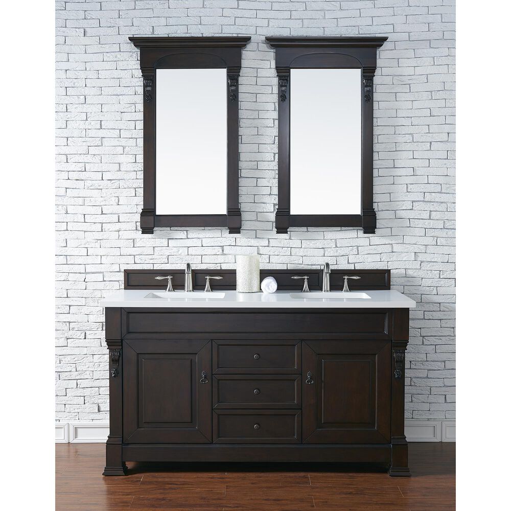 James Martin Vanities Brookfield 60&quot; Double Bathroom Vanity in Burnished Mahogany with 3 cm White Zeus Quartz Top and Rectangular Sinks, , large