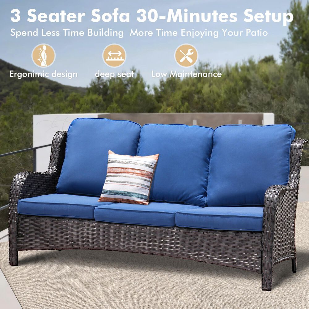HOMLUX 3-Piece 72" Patio Sofa and Ottoman Set with Brown Wicker in Navy Blue, , large