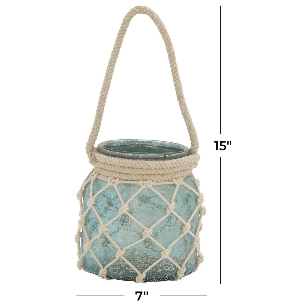 Maple and Jade 7&quot; x 15&quot; Indoor/Outdoor Candle Lantern with Rope Handle in Frosted Blue and Cream, , large