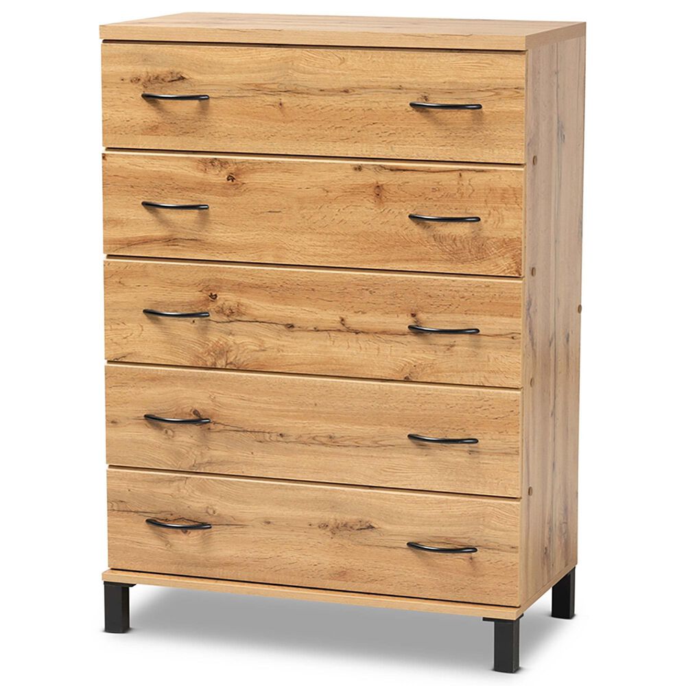 Baxton Studio Maison 5 Drawer Storage Chest in Oak Brown, , large