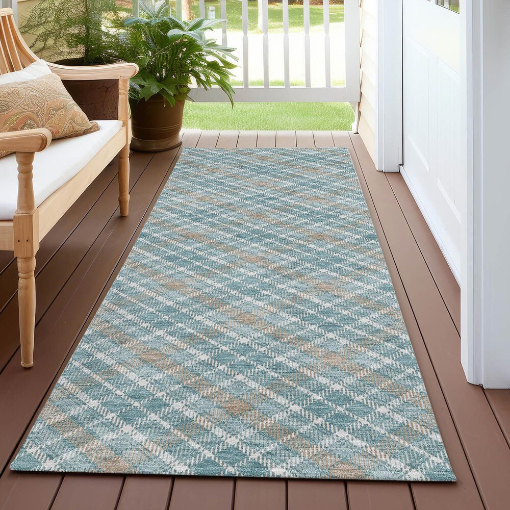 Dalyn Rug Company Soft Essentials Plaid Teal 2'3" x 7'6" Indoor/Outdoor Runner, , large