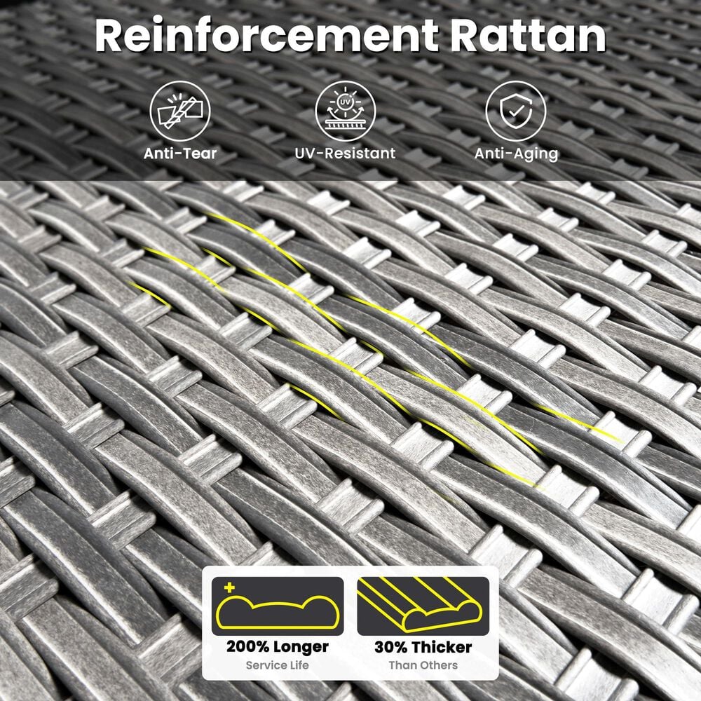 HOMLUX 7-Piece Patio Set with 42 Inch Fire Pit Table, Outdoor Wicker Sofa and Swivel Rocking Chairs, Grey Rattan in Denim Blue, , large