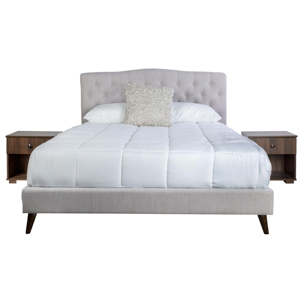 Hearth and Haven Queen Upholstered Bed with Two Nightstands in Walnut, , large