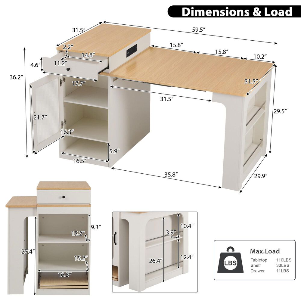 HOMLUX 60" Kitchen Island in White, , large