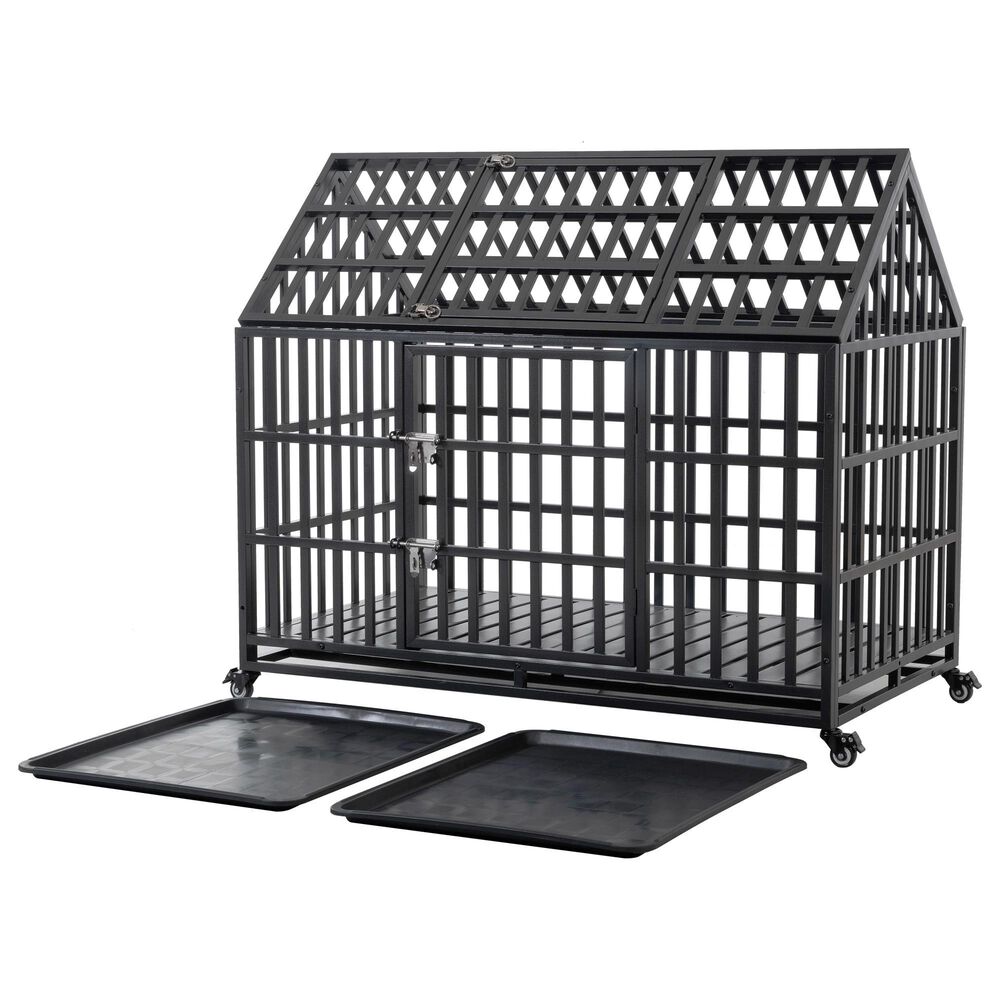 HOMLUX 52" Heavy Duty Dog Cage Pet Crate with Roof and Window on Roof in Black, , large
