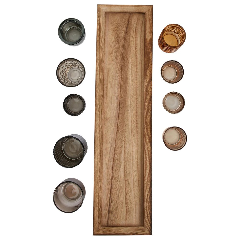 Creative Coop 10-Piece Wood Tray with 9 Glass Votive Holder Set in Brown, , large
