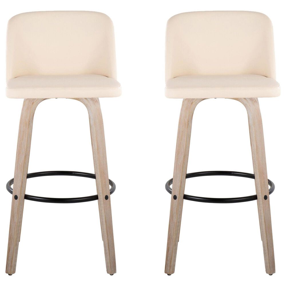LumiSource Toriano Swivel Bar Stool with Cream Faux Leather Upholstery in Whitewashed and Black (Set of 2), , large