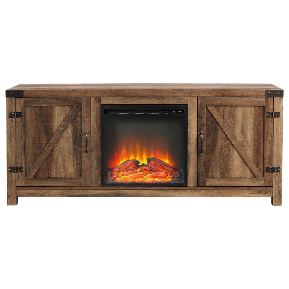 Walker Edison 58&quot; Barn Door Fireplace Console in Rustic Oak, , large