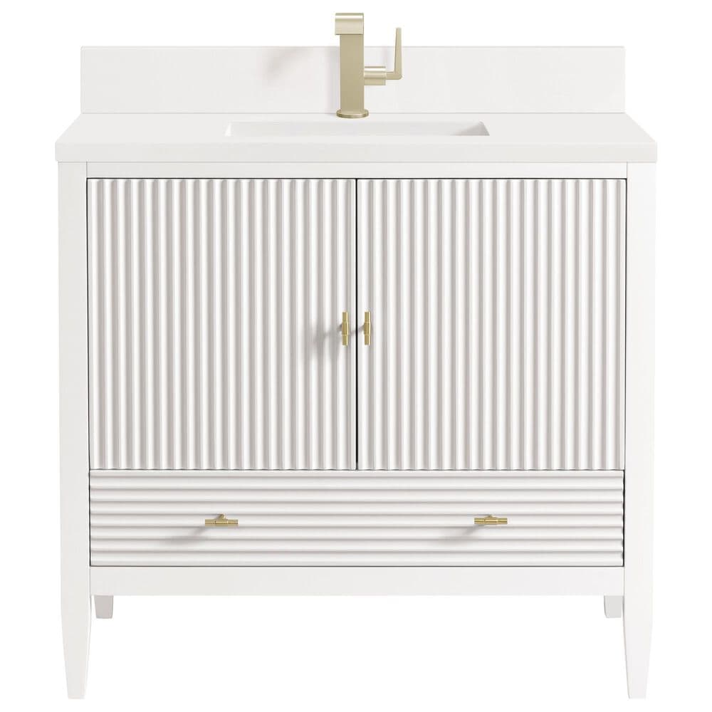 James Martin Vanities Myrrin 36" Vanity in Bright White with Single Hole 3 CM White Zeus Quartz Top & Backsplash, , large