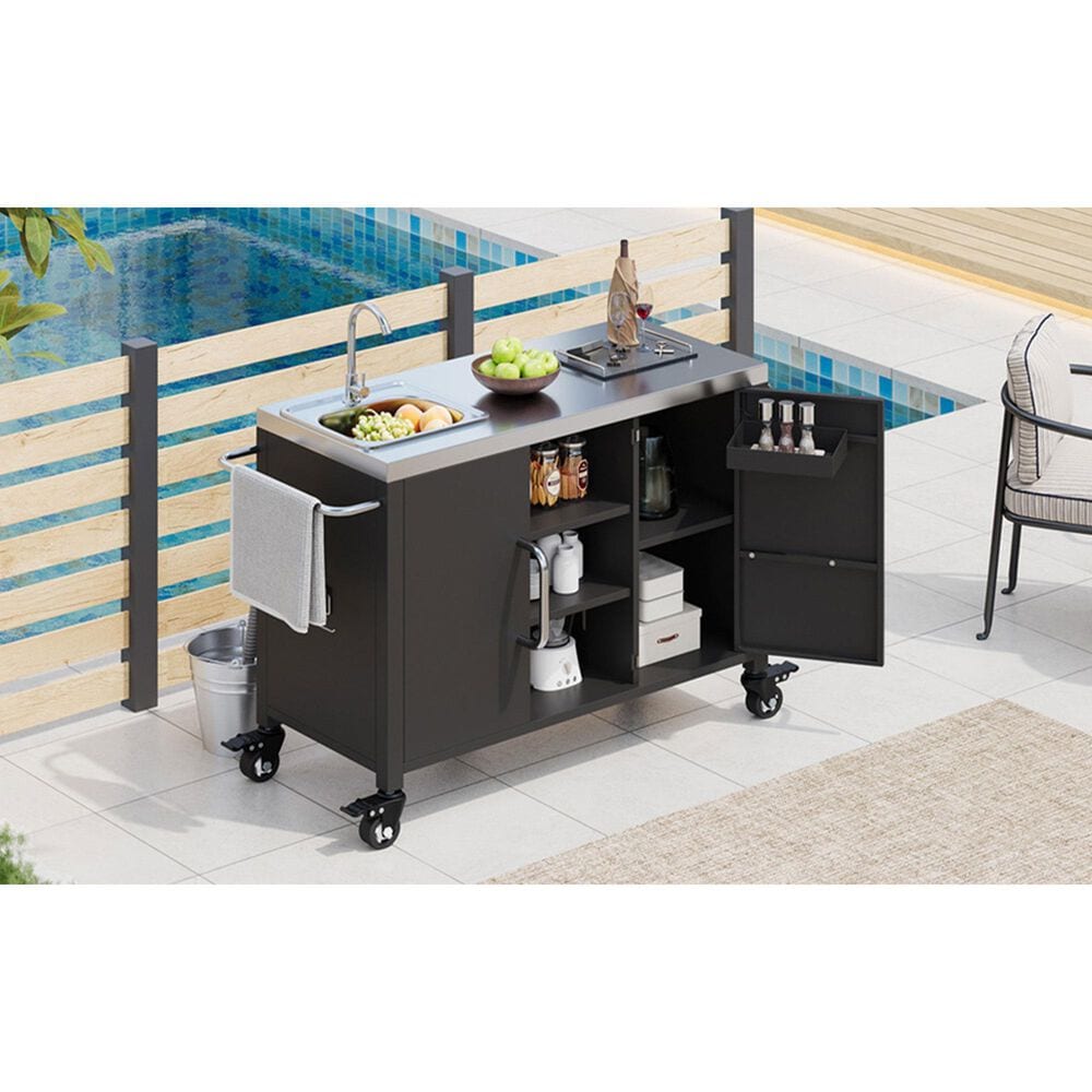 HOMLUX 55.5" Outdoor Kitchen Island with Sink in Black and Stainless Steel, , large