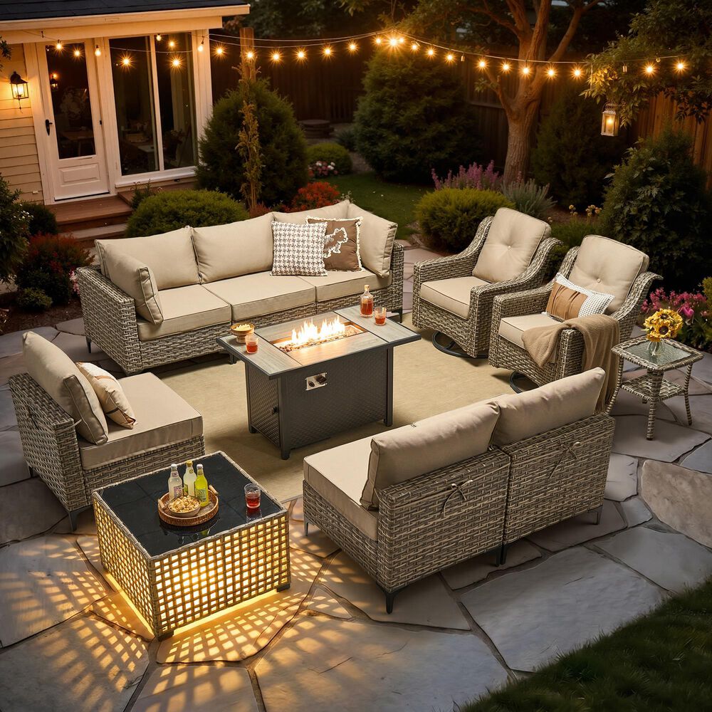 HOMLUX 11-Piece Patio Conversation Set with LED Coffee Table in Beige, , large