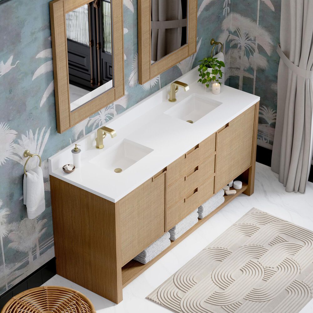 James Martin Vanities Solene 72&quot; Double Bathroom Vanity in Seaside Oak with Single Hole 3 cm White Zeus Quartz Top and Rectangular Sinks, , large