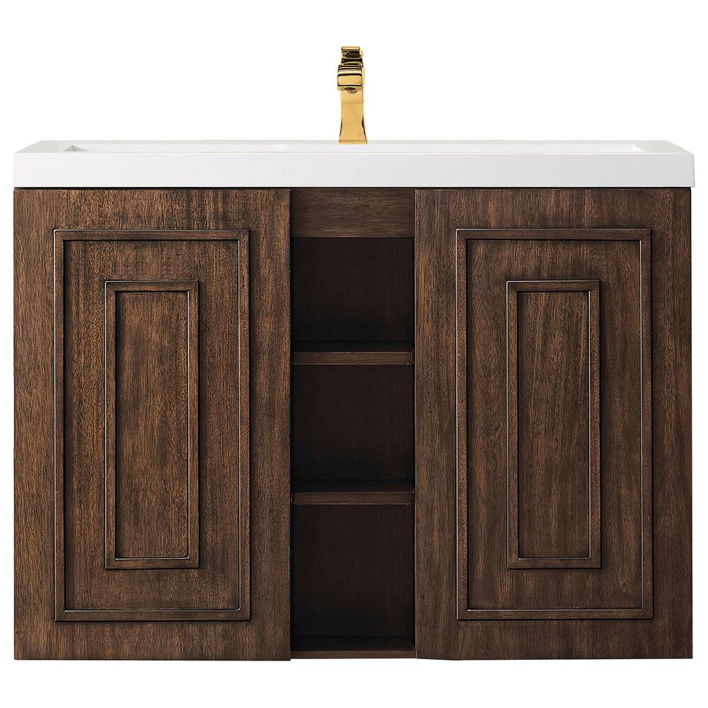 James Martin Vanities Alicante 39.5" Single Bathroom Vanity in Mid Century Acacia with 5 cm White Glossy Resin Top and Rectangular Sink, , large