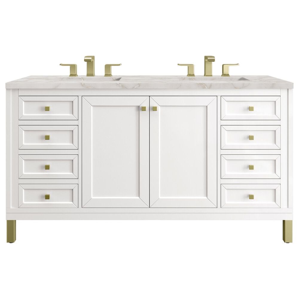 James Martin Vanities Chicago 60" Double Bathroom Vanity in Glossy White with 3 cm Victorian Silver Quartz Top and Rectangular Sinks, , large