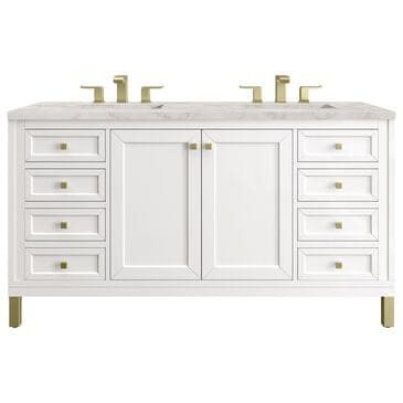 James Martin Vanities Chicago 60" Double Bathroom Vanity in Glossy White with 3 cm Victorian Silver Quartz Top and Rectangular Sinks, , large