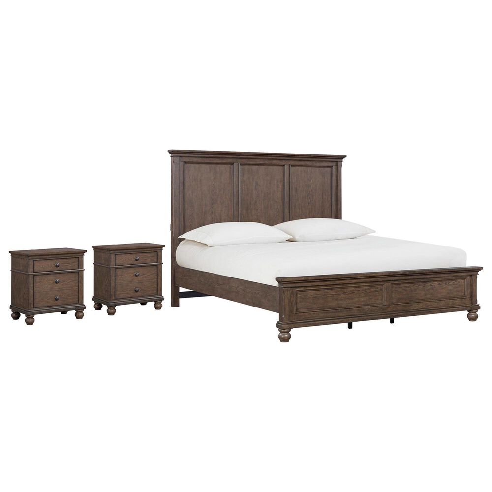 Riva Ridge Oxford King Panel Bed with Two Nightstands in Cocoa with AC Outlets and USB Ports, , large
