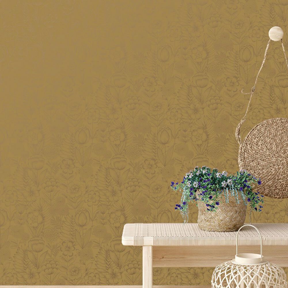 Tempaper Homestead Floral 198&quot; x 20.5&quot; Peel and Stick Wallpaper in Metallic Marigold, , large