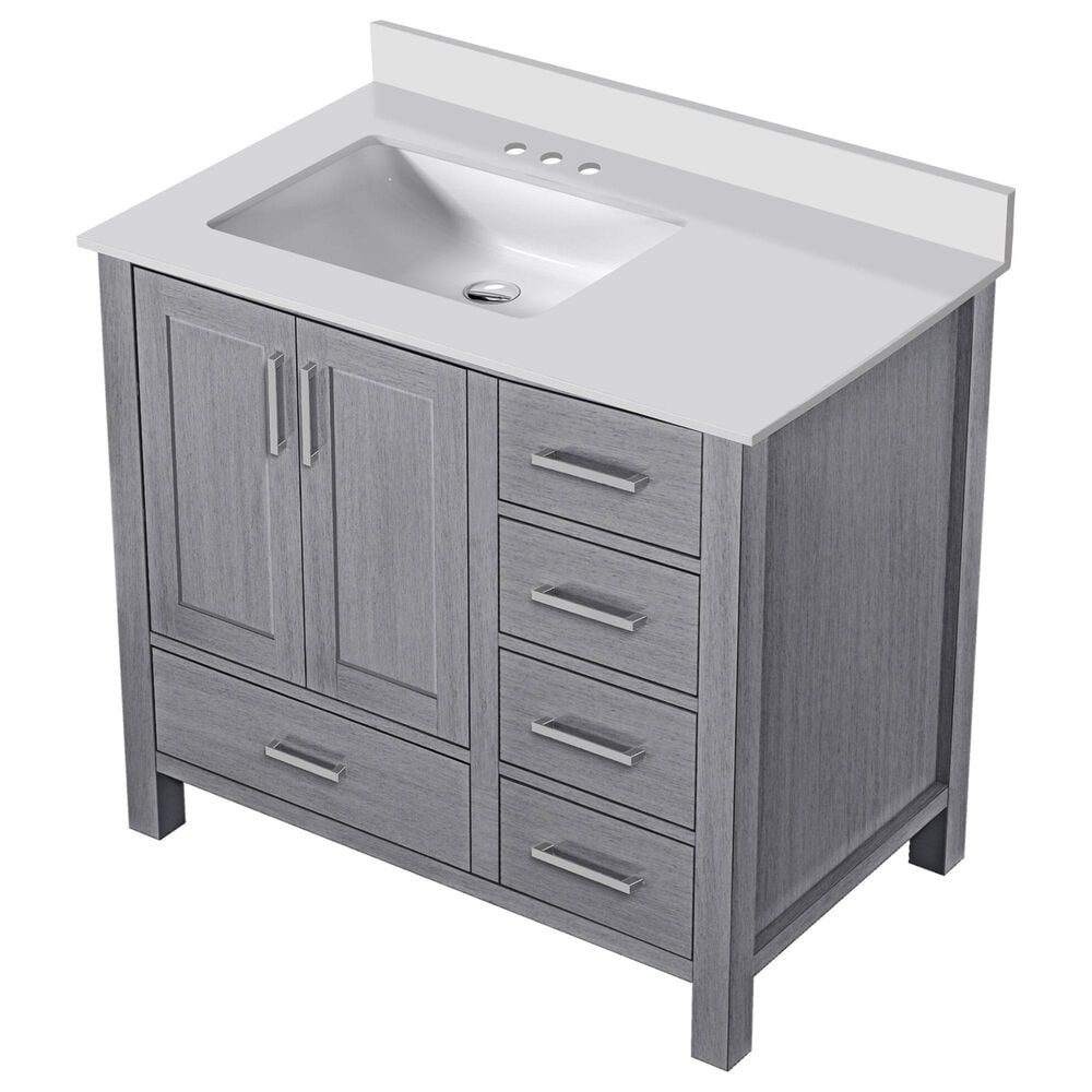 Lexora Home Jacques 36&quot; Left Offset Single Bathroom Vanity in Distressed Grey with 2 cm White Cultured Marble Top and Rectangular Sink, , large