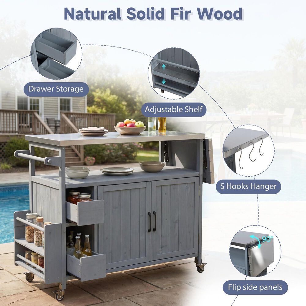 HOMLUX Farmhouse Rolling Outdoor Kitchen Cart with Stainless Steel Top in Blue Gray, , large