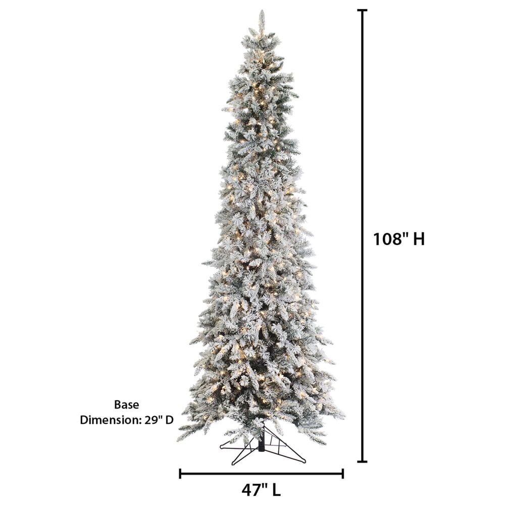 The Gerson Company 9&#39; Pre-Lit Artificial Narrowed Flocked Pencil Pine with White Lights in Green, , large
