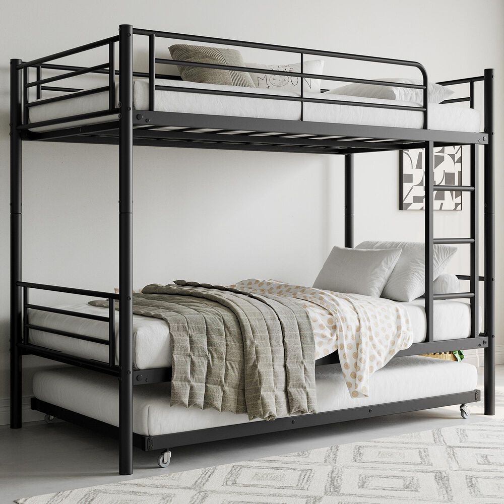 Hearth and Haven Twin Metal Bunk Bed with Trundle Ladder and Full-Length Guardrail in Black, , large