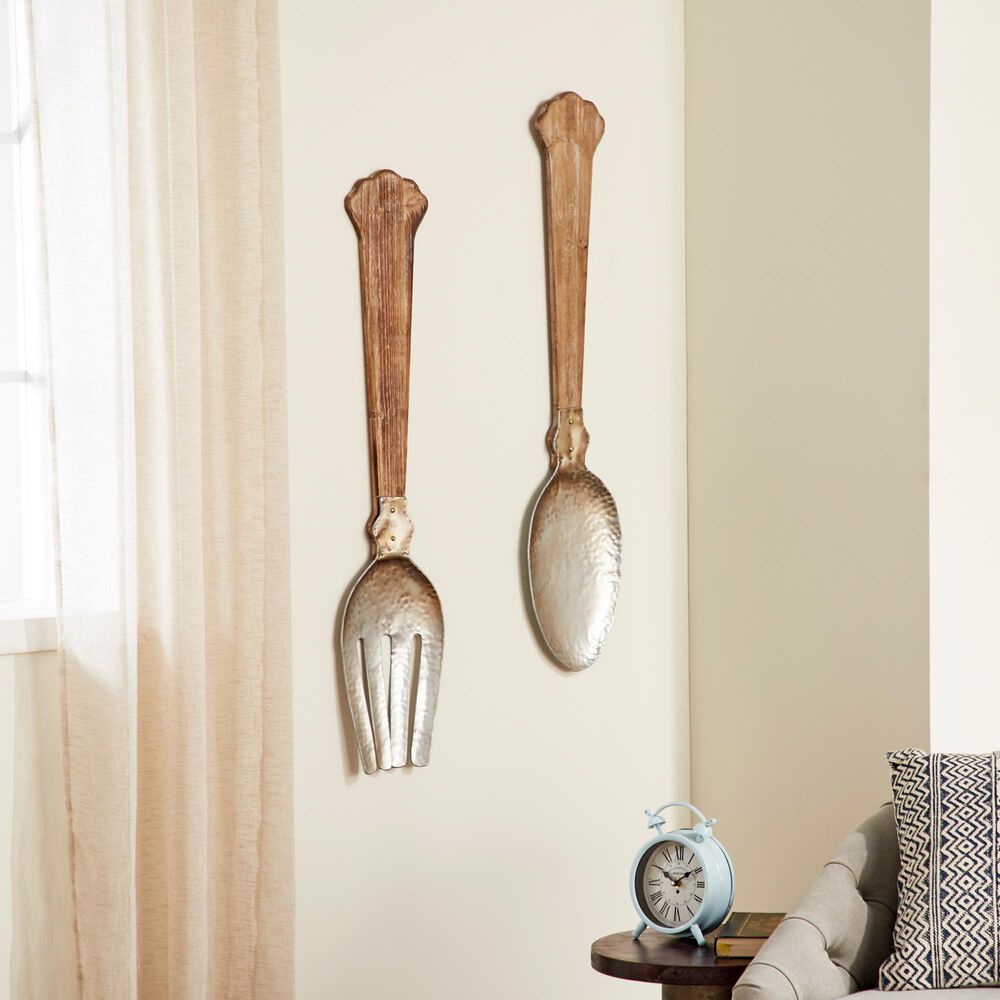 Maple and Jade 38&quot; x 8&quot; Farmhouse Kitchen Utensils Wall Decor in Brown and Silver &#40;Set of 2&#41;, , large