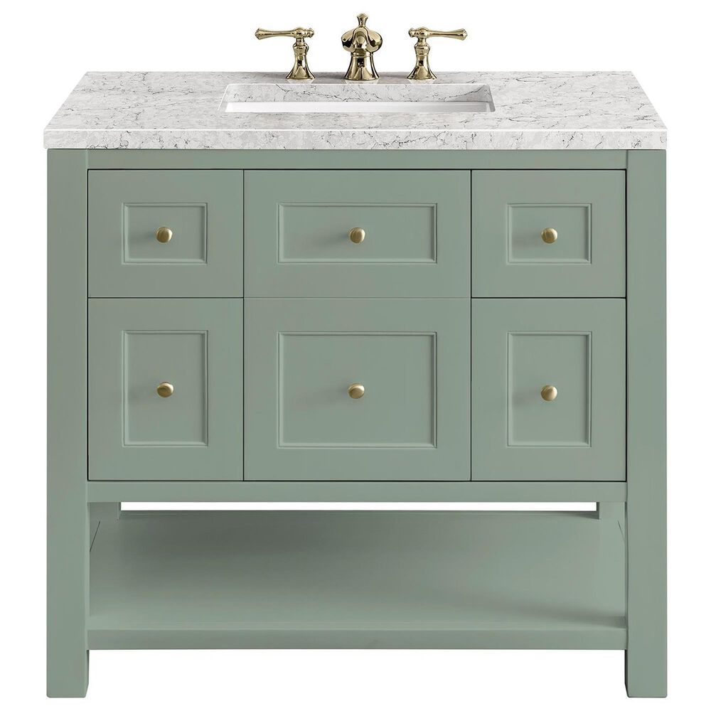 James Martin Vanities Breckenridge 36&quot; Single Bathroom Vanity in Smokey Celadon with 3 cm Eternal Jasmine Pearl Quartz Top and Rectangular Sink, , large