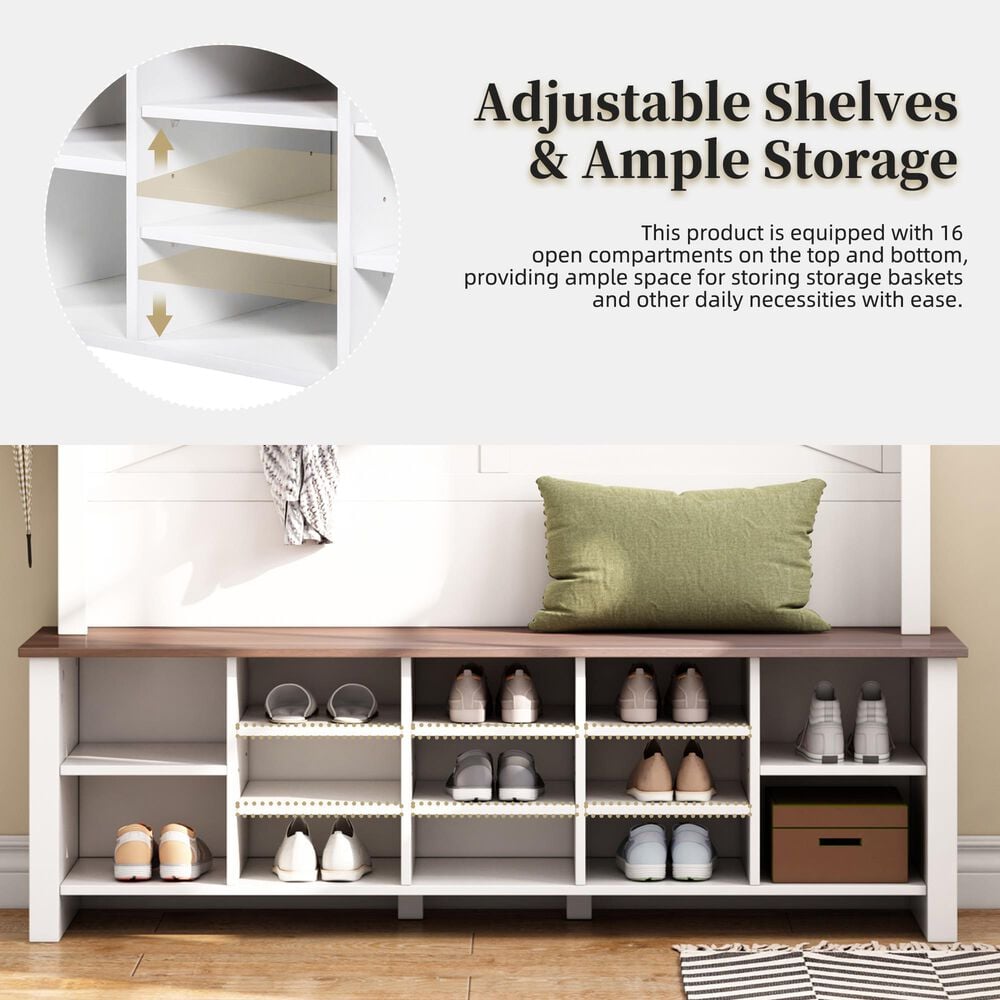 HOMLUX 6-Hook Hall Tree with 16-Compartment in White and Walnut, , large
